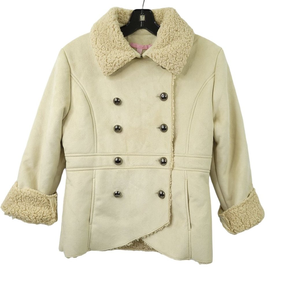 Hype Girls Coat Jacket Youth Size 12 Faux Suede Sherpa Button Front Beige Taupe